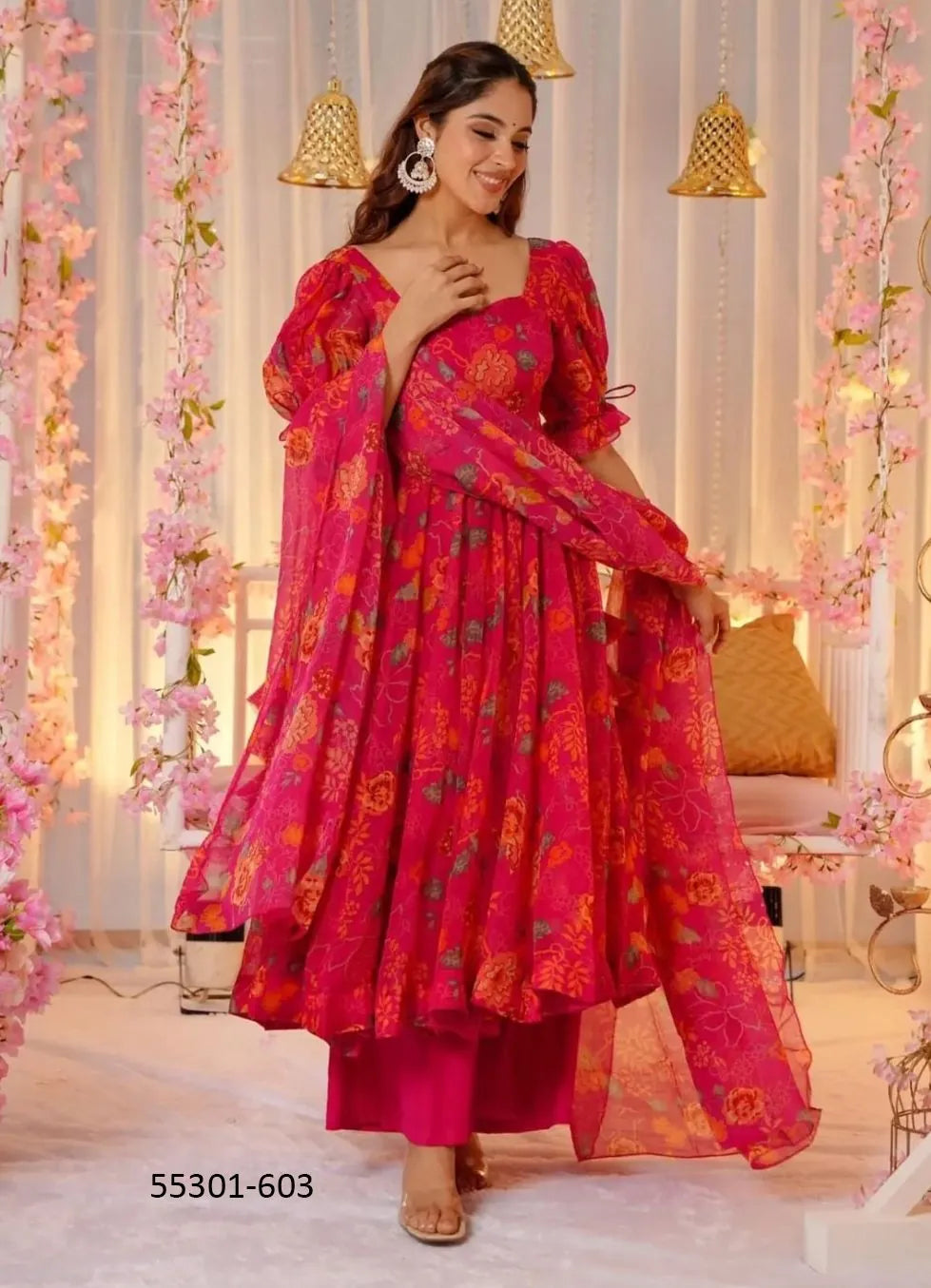 Wine Red Silk Digitally Printed Party-Wear Anarkali Readymade Salwar Kameez
