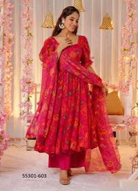 Wine Red Silk Digitally Printed Party-Wear Anarkali Readymade Salwar Kameez