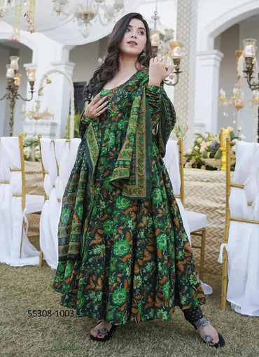 Black & Green Muslin Digitally Printed Anarkali Readymade Salwar Kameez For Traditional / Religious Occasions