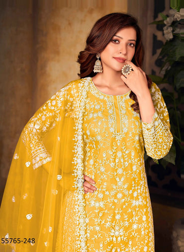 Yellow Net Embroidered Festive-Wear Palazzo-Bottom Readymade Salwar Kameez