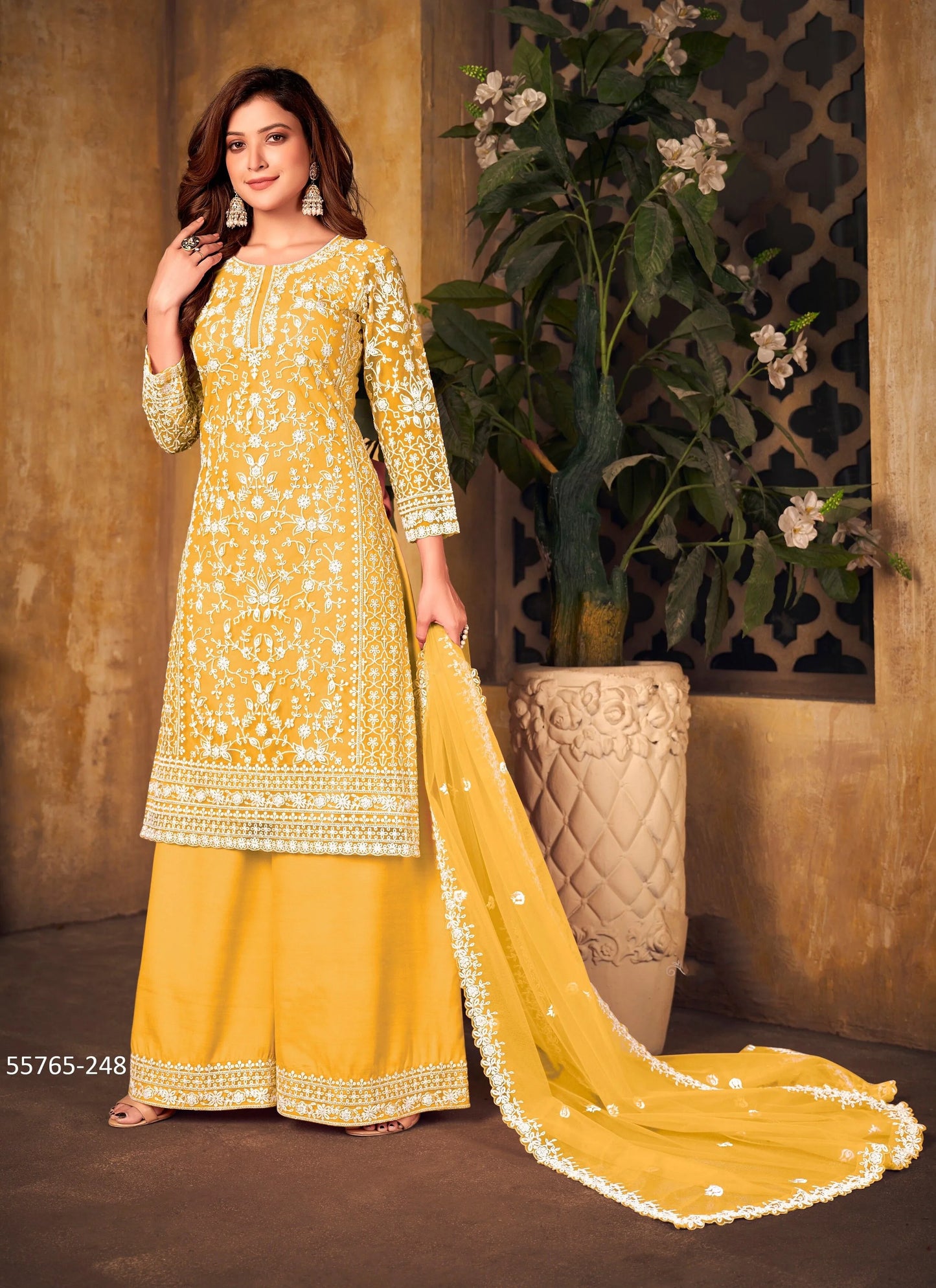 Yellow Net Embroidered Festive-Wear Palazzo-Bottom Readymade Salwar Kameez