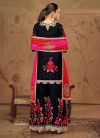 Black & Wine Red Chinon Embroidered Ramadan-Special Palazzo-Bottom Readymade Salwar Kameez