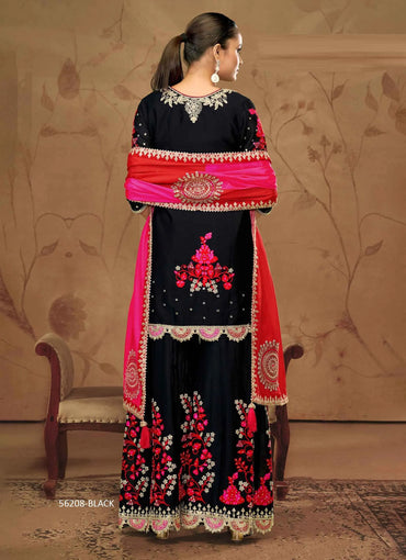 Black & Wine Red Chinon Embroidered Ramadan-Special Palazzo-Bottom Readymade Salwar Kameez