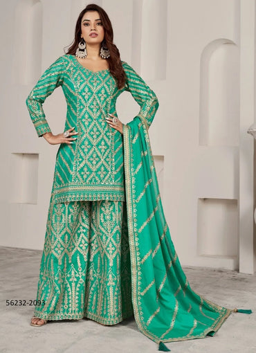 Aqua Green Premium Chinon Embroidered Ramadan-Special Readymade Palazzo-Bottom Salwar Kameez