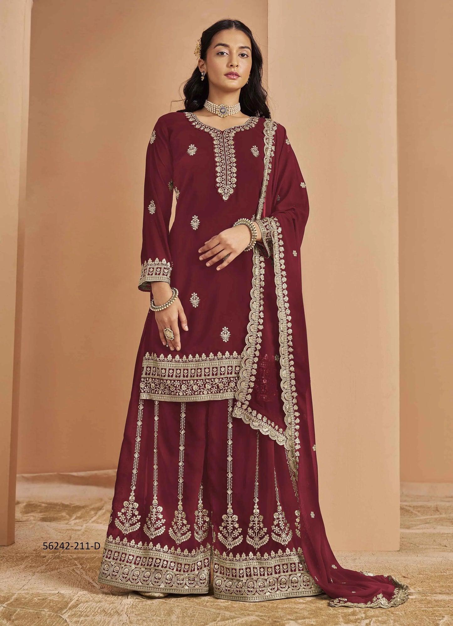 Wine Faux Georgette Embroidered Ramadan-Special Palazzo-Bottom Readymade Salwar Kameez