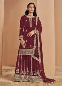 Wine Faux Georgette Embroidered Ramadan-Special Palazzo-Bottom Readymade Salwar Kameez