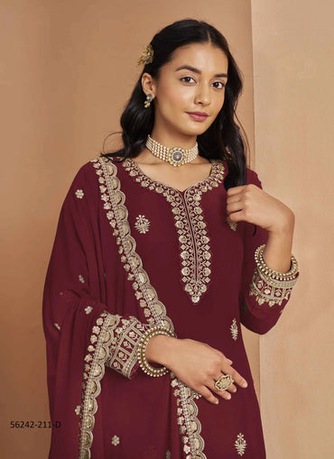 Wine Faux Georgette Embroidered Ramadan-Special Palazzo-Bottom Readymade Salwar Kameez