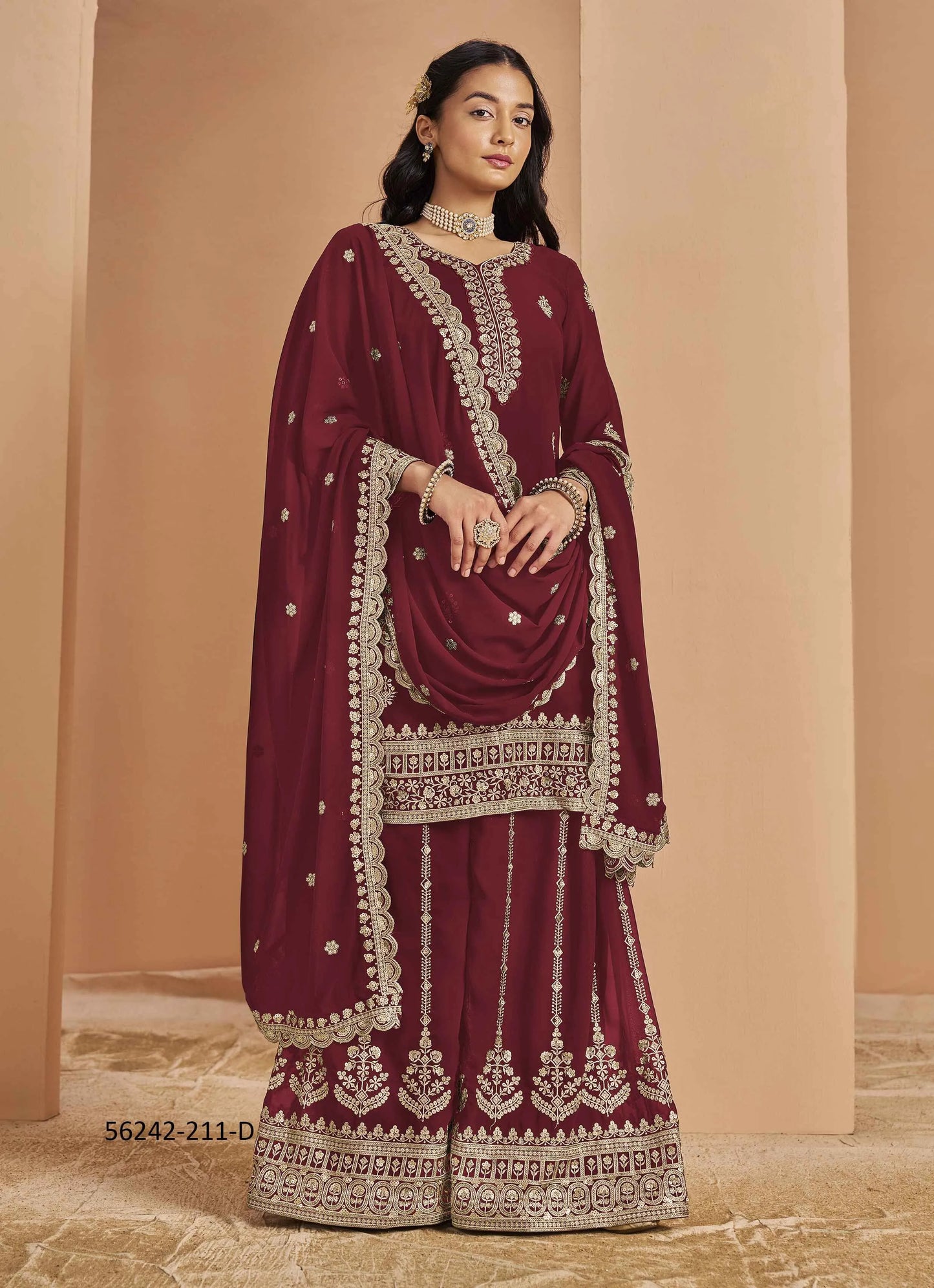 Wine Faux Georgette Embroidered Ramadan-Special Palazzo-Bottom Readymade Salwar Kameez