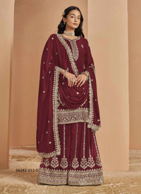 Wine Faux Georgette Embroidered Ramadan-Special Palazzo-Bottom Readymade Salwar Kameez