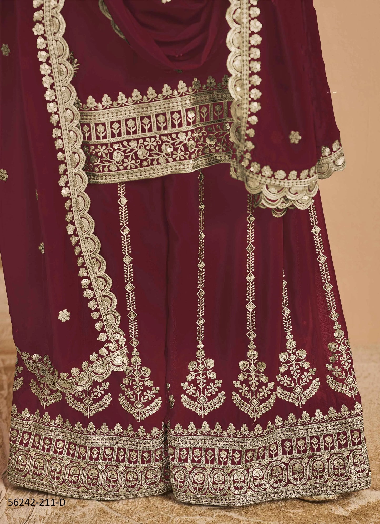 Wine Faux Georgette Embroidered Ramadan-Special Palazzo-Bottom Readymade Salwar Kameez