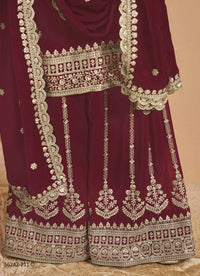 Wine Faux Georgette Embroidered Ramadan-Special Palazzo-Bottom Readymade Salwar Kameez