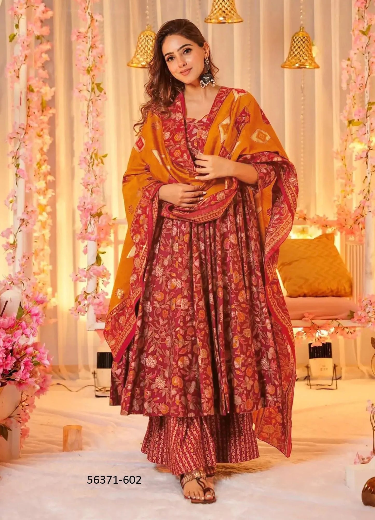 Wine Red & Orange Muslin Digitally Printed Ramadan-Special Readymade Anarkali Salwar Kameez