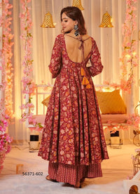 Wine Red & Orange Muslin Digitally Printed Ramadan-Special Readymade Anarkali Salwar Kameez