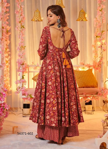 Wine Red & Orange Muslin Digitally Printed Ramadan-Special Readymade Anarkali Salwar Kameez
