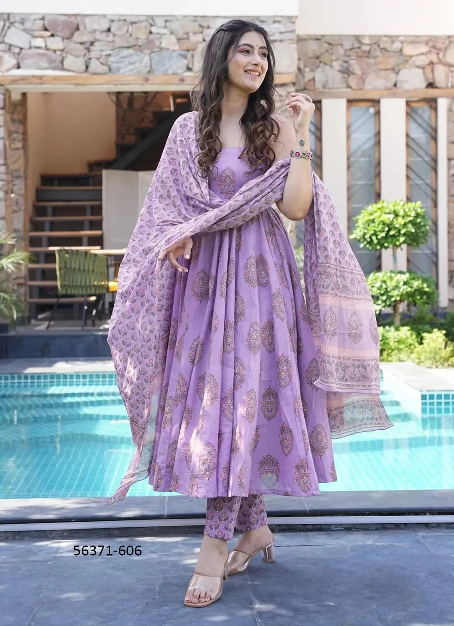 Lilac Muslin Digitally Printed Ramadan-Special Readymade Anarkali Salwar Kameez