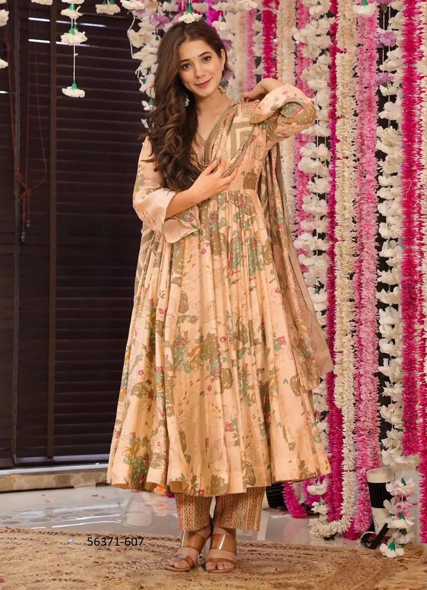Burlywood & Sage Green Muslin Digitally Printed Ramadan-Special Readymade Anarkali Salwar Kameez