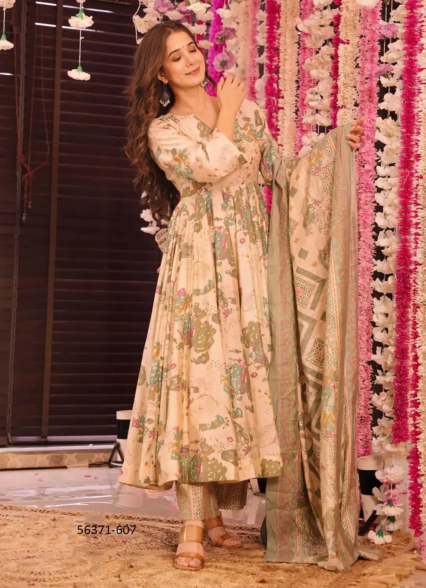Burlywood & Sage Green Muslin Digitally Printed Ramadan-Special Readymade Anarkali Salwar Kameez