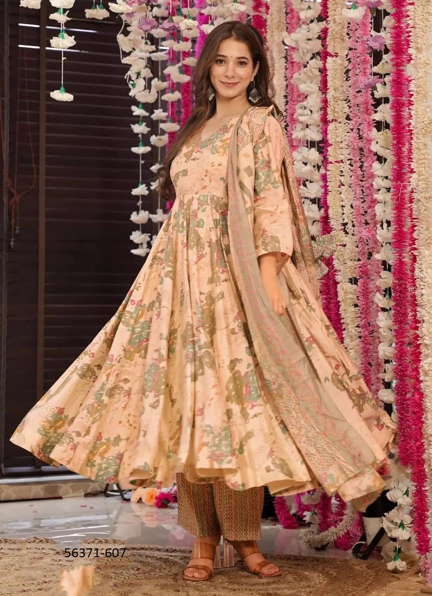 Burlywood & Sage Green Muslin Digitally Printed Ramadan-Special Readymade Anarkali Salwar Kameez