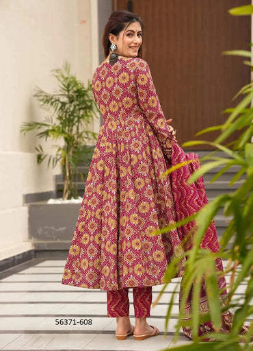 Wine & Burlywood Muslin Digitally Printed Ramadan-Special Readymade Anarkali Salwar Kameez