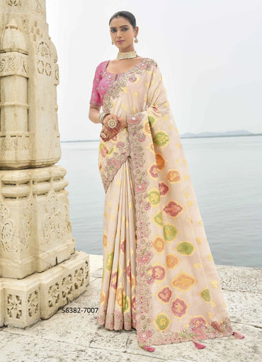 White Viscose Tissue Silk Handworked Wedding-Wear Saree