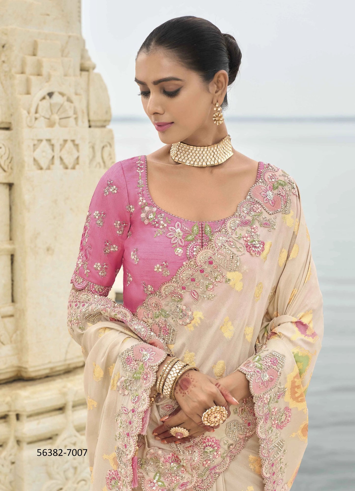 White Viscose Tissue Silk Handworked Wedding-Wear Saree