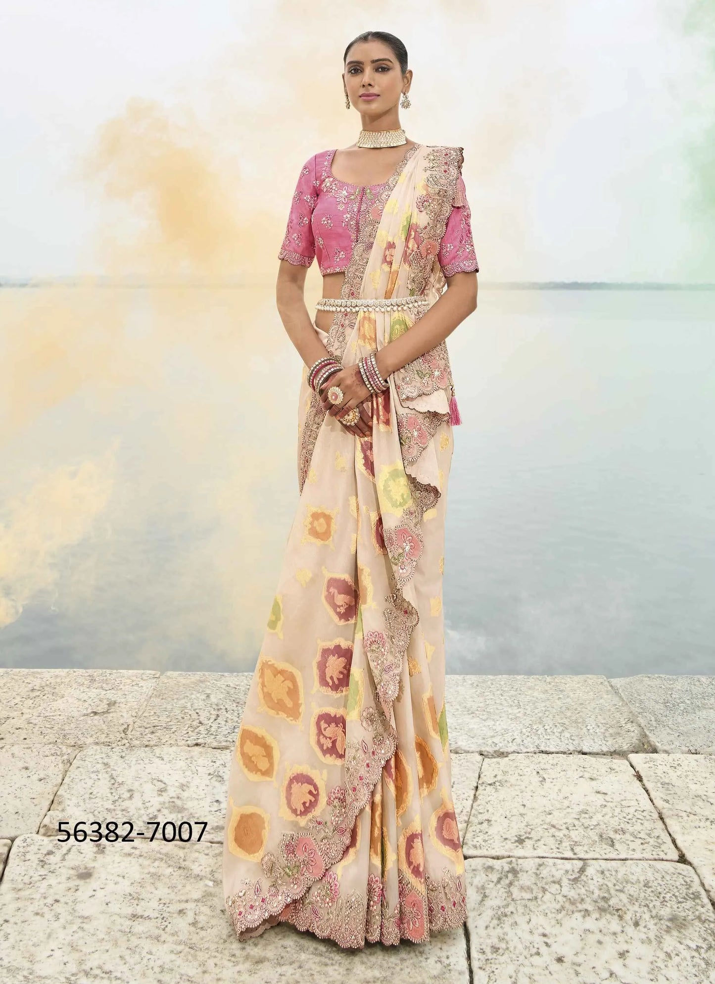 White Viscose Tissue Silk Handworked Wedding-Wear Saree