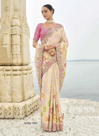 White Viscose Tissue Silk Handworked Wedding-Wear Saree