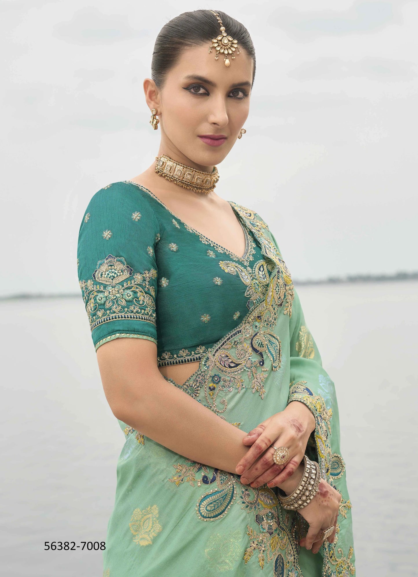 Mint Green Viscose Tissue Silk Handworked Wedding-Wear Saree