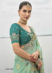 Mint Green Viscose Tissue Silk Handworked Wedding-Wear Saree