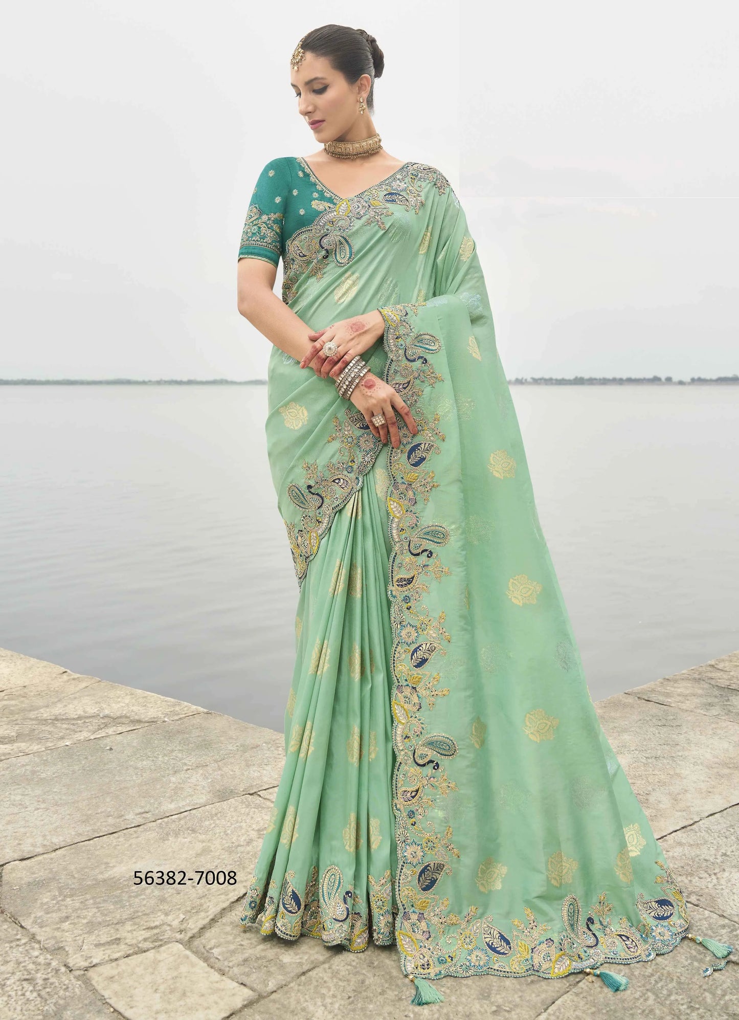 Mint Green Viscose Tissue Silk Handworked Wedding-Wear Saree