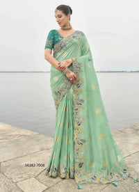 Mint Green Viscose Tissue Silk Handworked Wedding-Wear Saree