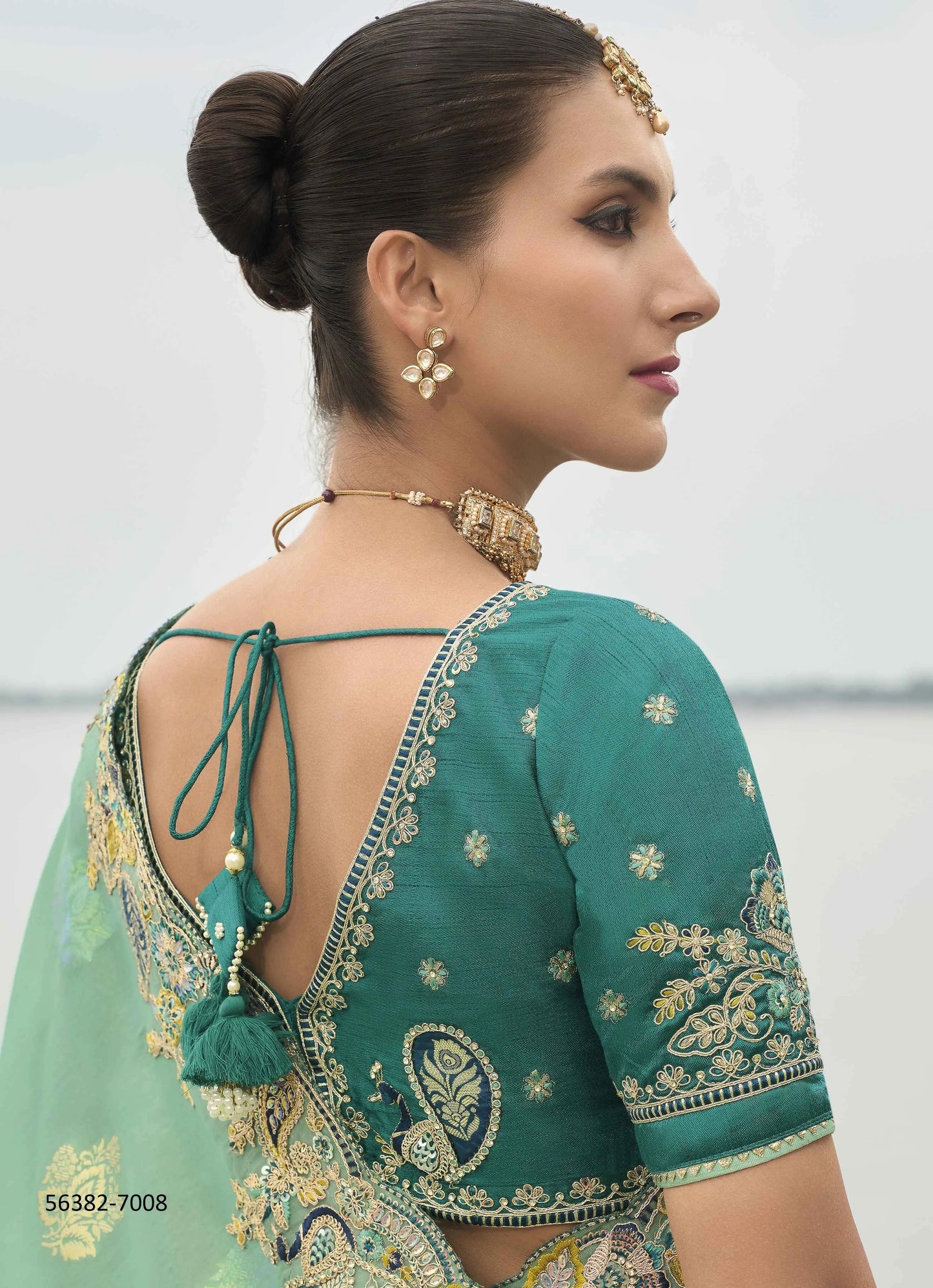Mint Green Viscose Tissue Silk Handworked Wedding-Wear Saree