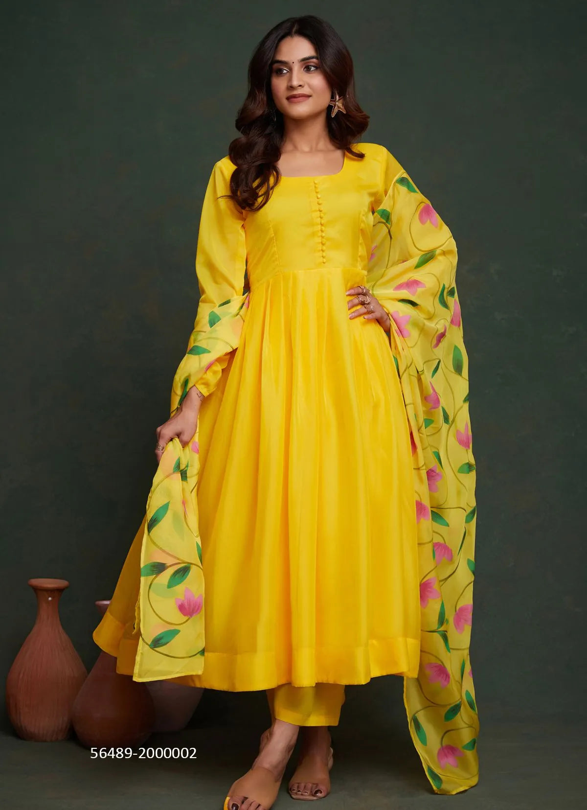 Yellow Organza Digitally Printed Festive-Wear Readymade Anarkali Salwar Kameez
