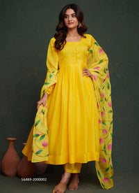 Yellow Organza Digitally Printed Festive-Wear Readymade Anarkali Salwar Kameez