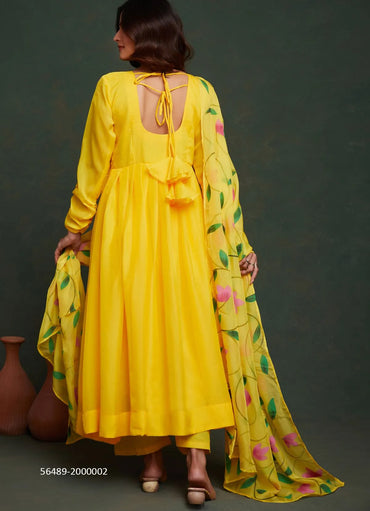 Yellow Organza Digitally Printed Festive-Wear Readymade Anarkali Salwar Kameez