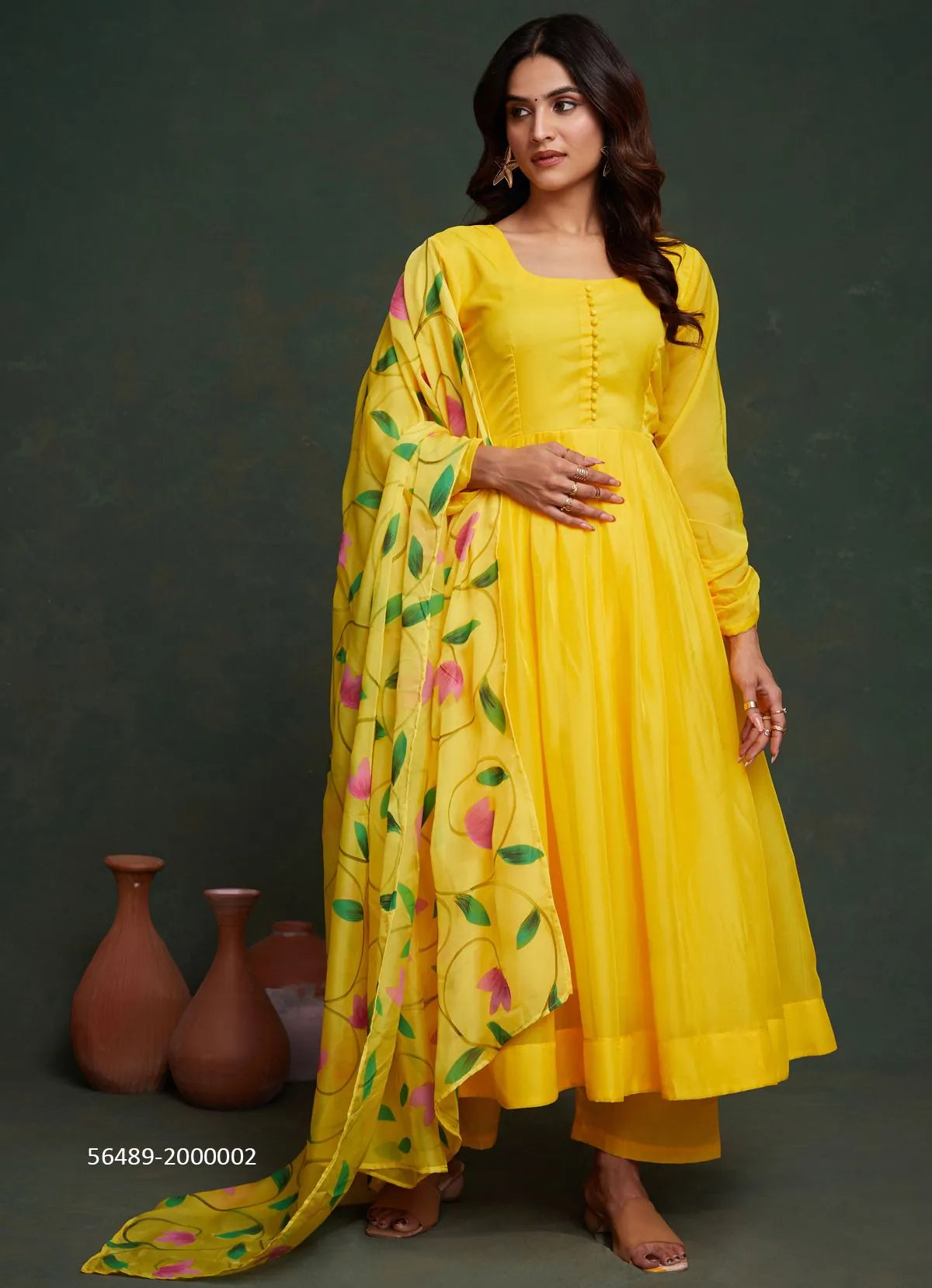 Yellow Organza Digitally Printed Festive-Wear Readymade Anarkali Salwar Kameez