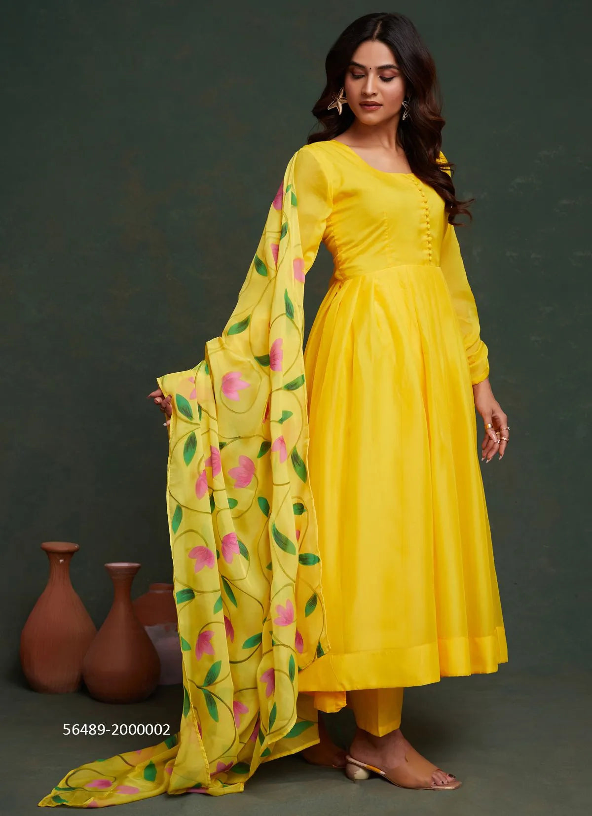 Yellow Organza Digitally Printed Festive-Wear Readymade Anarkali Salwar Kameez