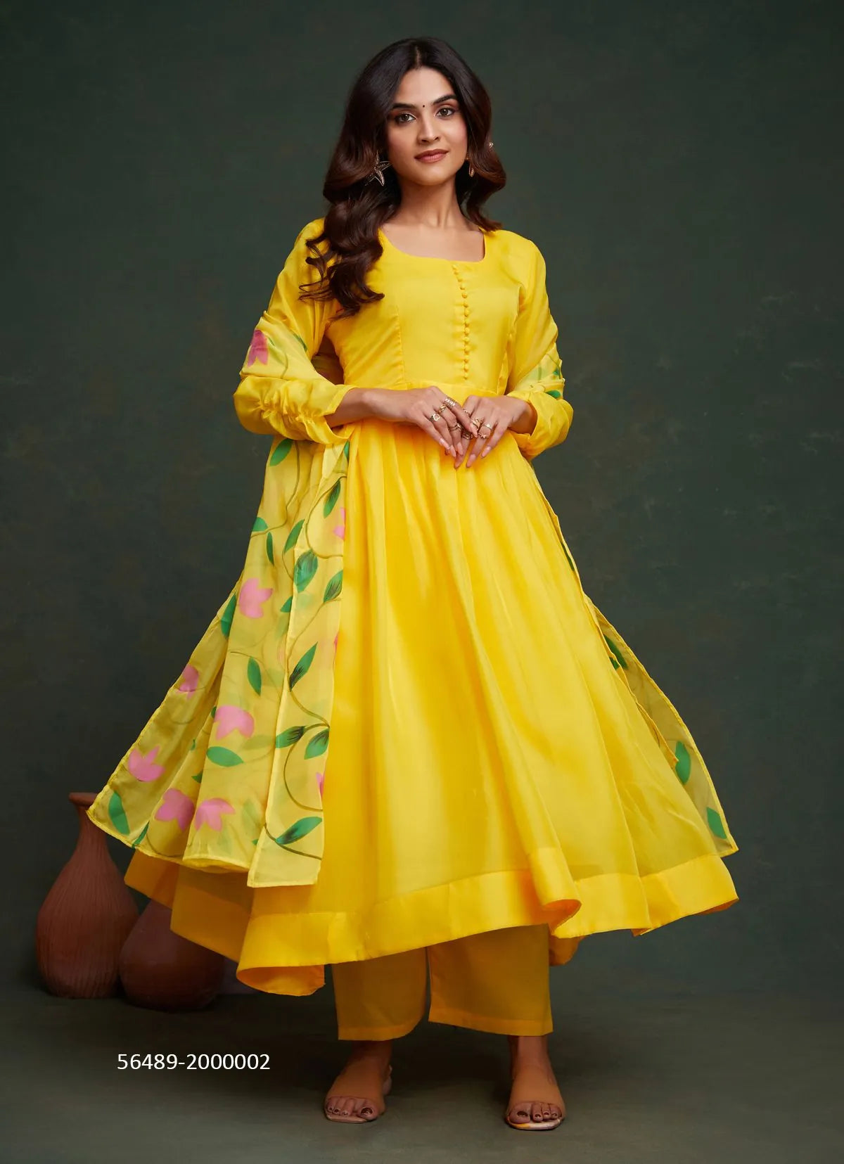 Yellow Organza Digitally Printed Festive-Wear Readymade Anarkali Salwar Kameez