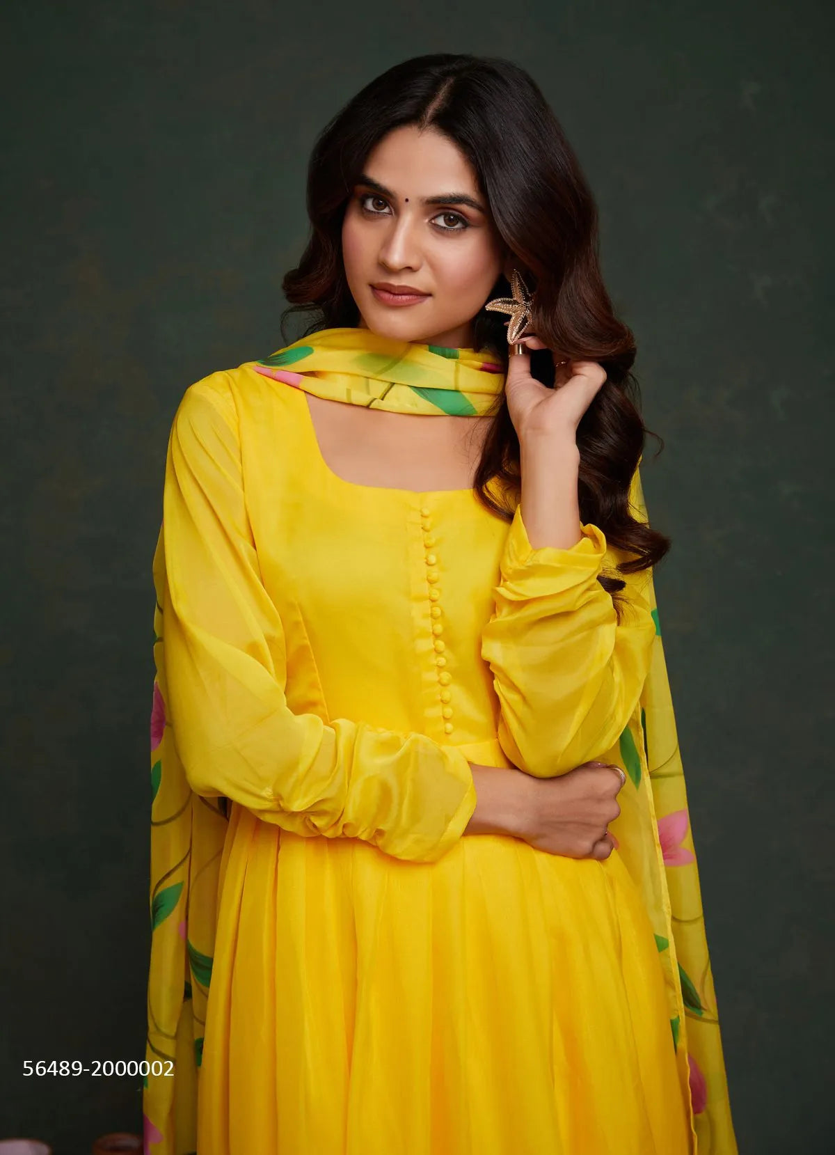 Yellow Organza Digitally Printed Festive-Wear Readymade Anarkali Salwar Kameez