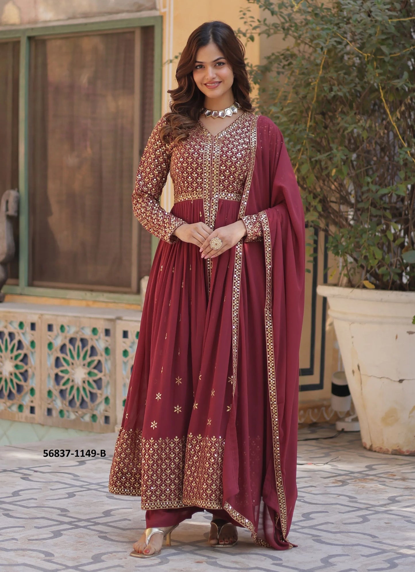 Wine Georgette Sequins-Work Party-Wear Front-Slit Readymade Salwar Kameez