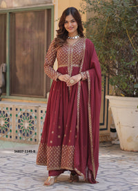 Wine Georgette Sequins-Work Party-Wear Front-Slit Readymade Salwar Kameez