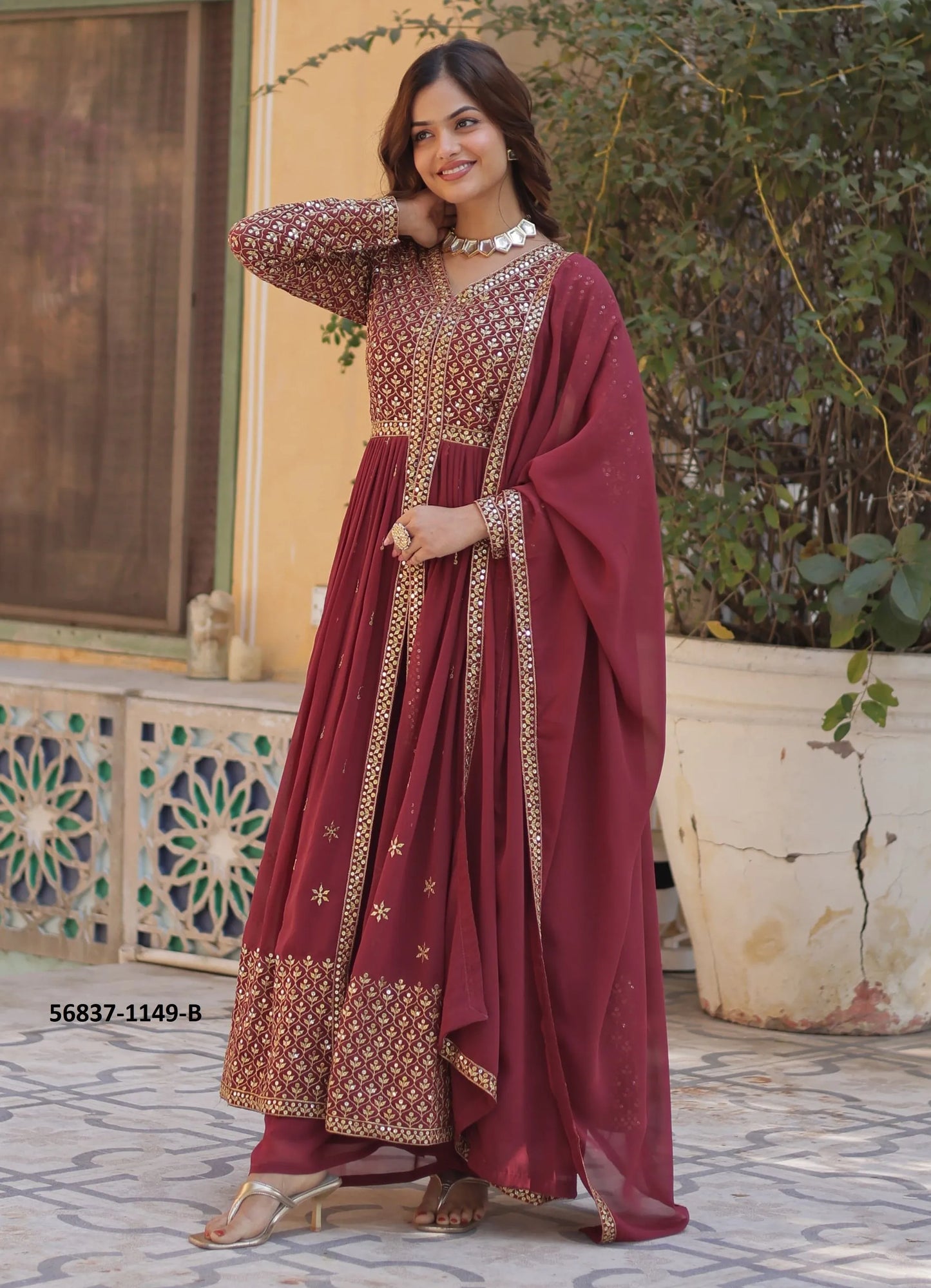 Wine Georgette Sequins-Work Party-Wear Front-Slit Readymade Salwar Kameez