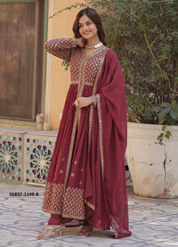 Wine Georgette Sequins-Work Party-Wear Front-Slit Readymade Salwar Kameez