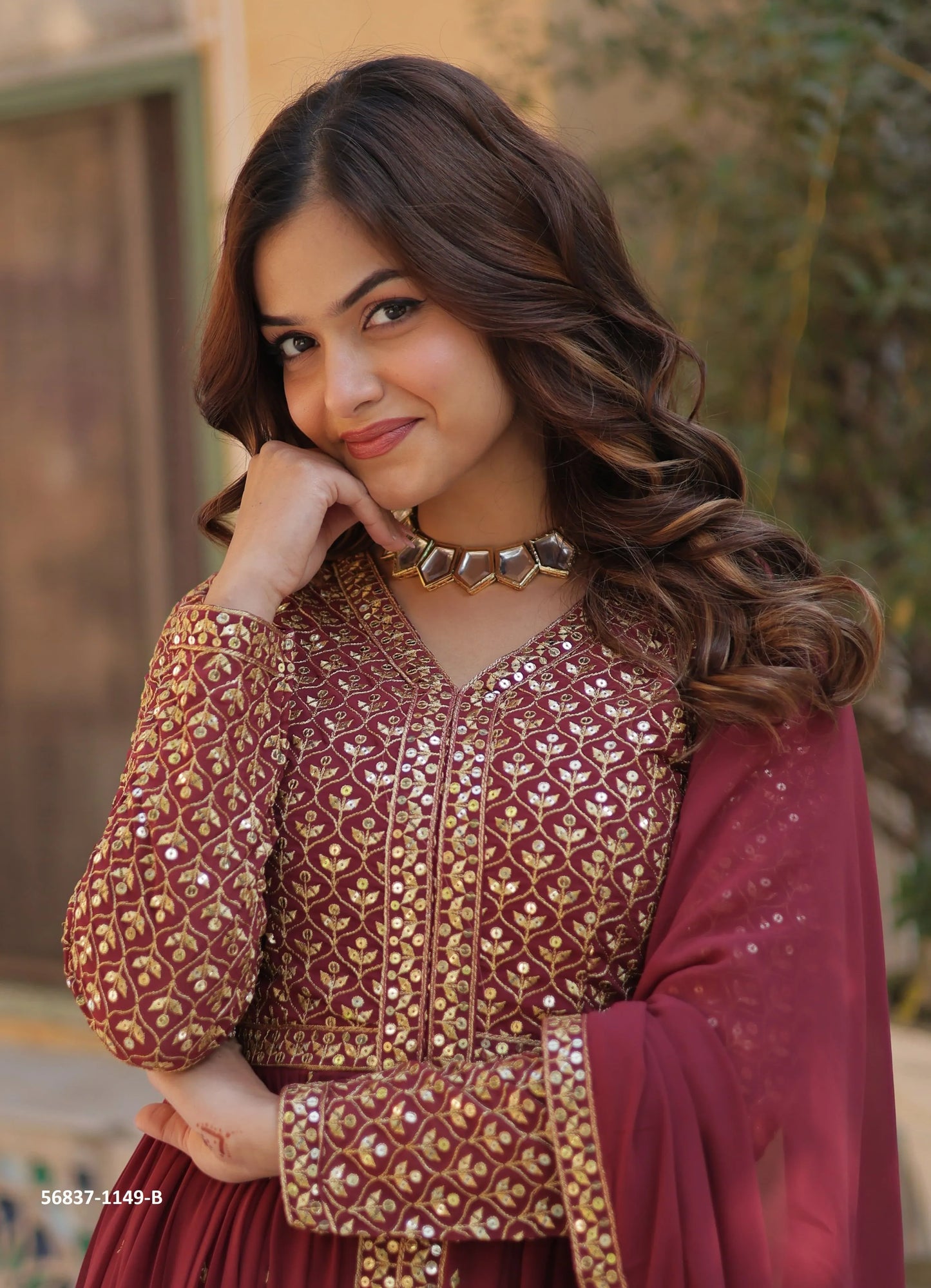 Wine Georgette Sequins-Work Party-Wear Front-Slit Readymade Salwar Kameez