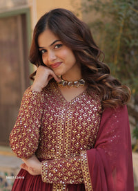 Wine Georgette Sequins-Work Party-Wear Front-Slit Readymade Salwar Kameez