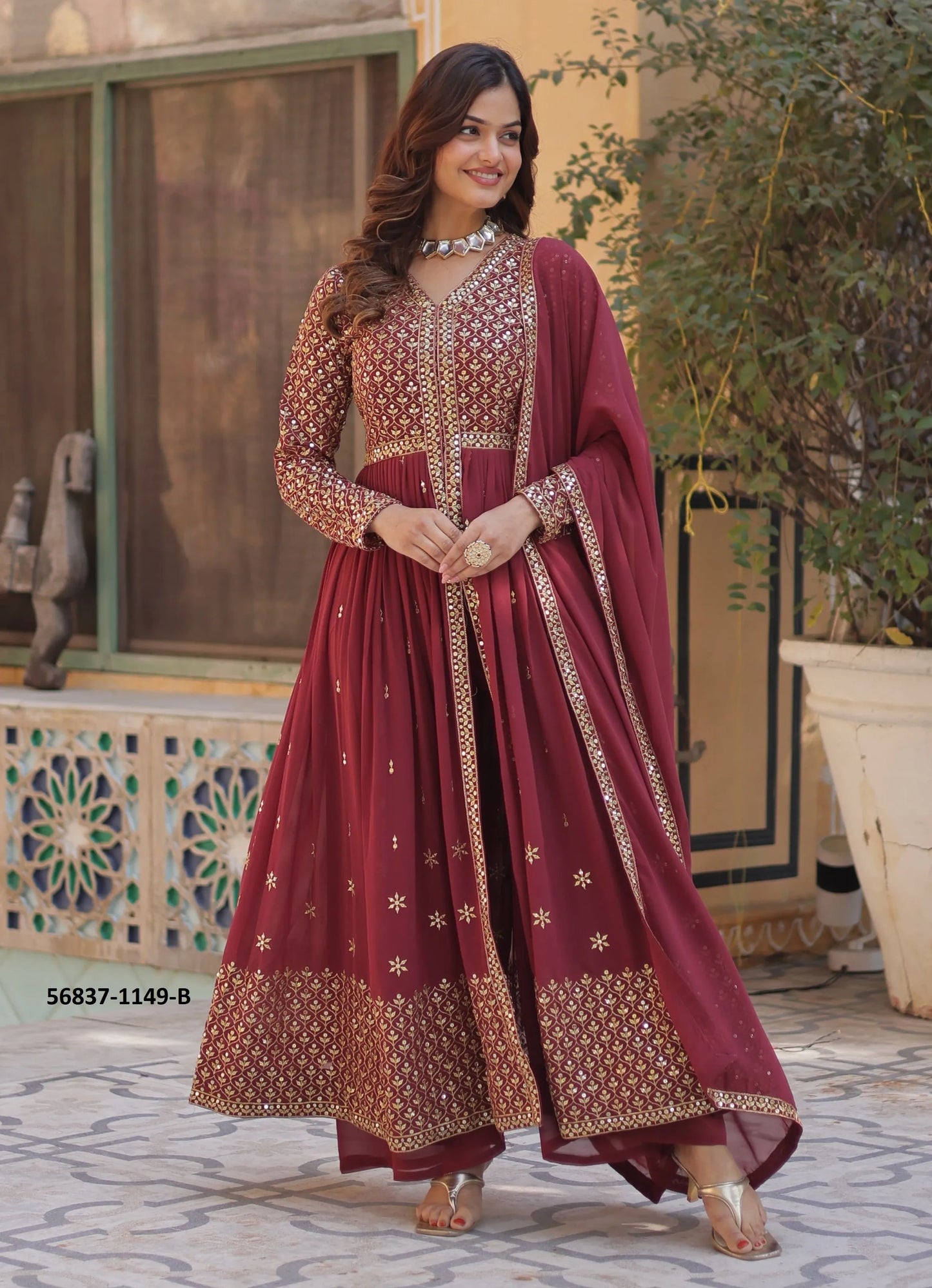 Wine Georgette Sequins-Work Party-Wear Front-Slit Readymade Salwar Kameez