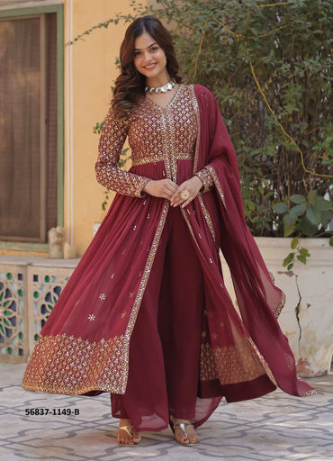 Wine Georgette Sequins-Work Party-Wear Front-Slit Readymade Salwar Kameez