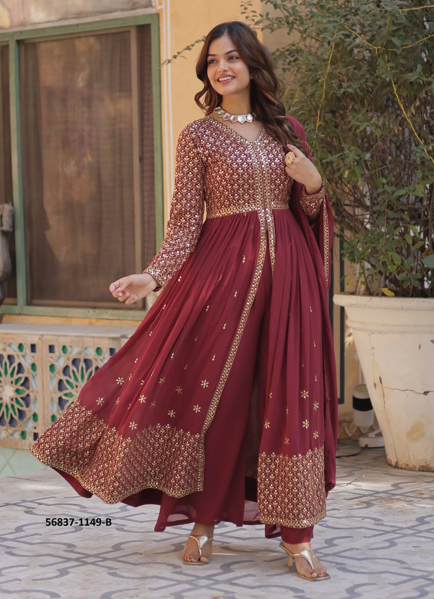 Wine Georgette Sequins-Work Party-Wear Front-Slit Readymade Salwar Kameez