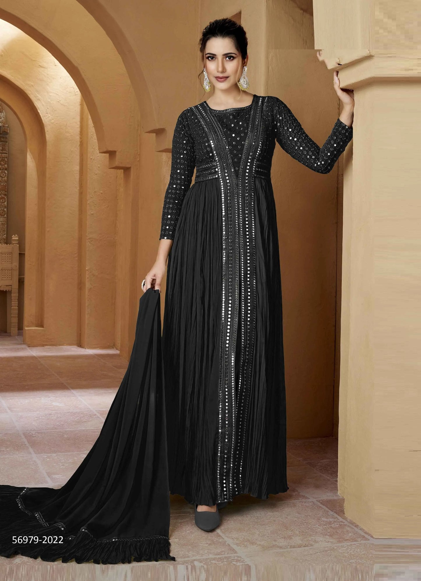 Black Georgette Mirror-Work Ramadan-Special Readymade Floor-Length Salwar Kameez