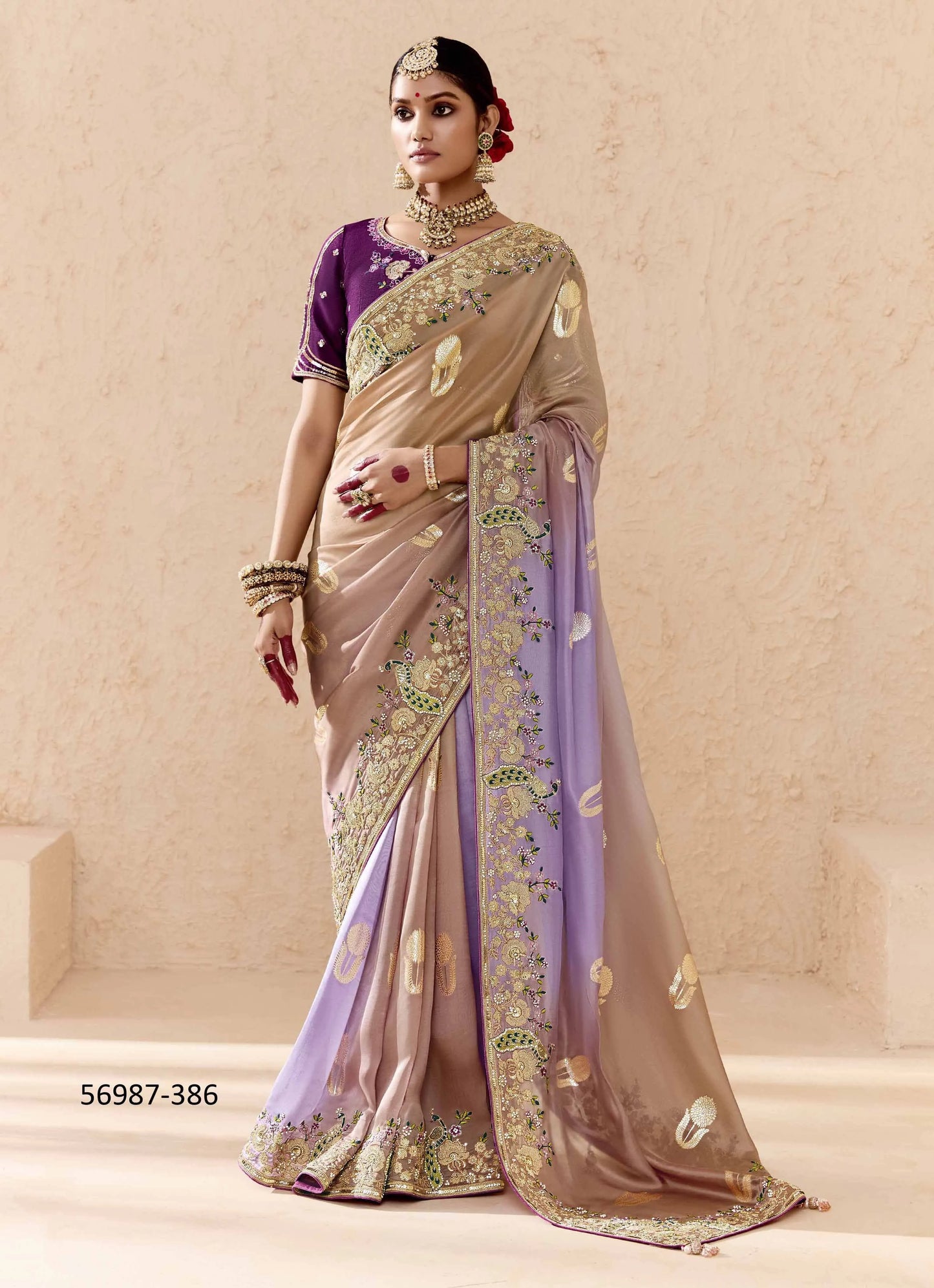 Beige Bemberg Silk Handworked Wedding-Wear Embroidered Saree